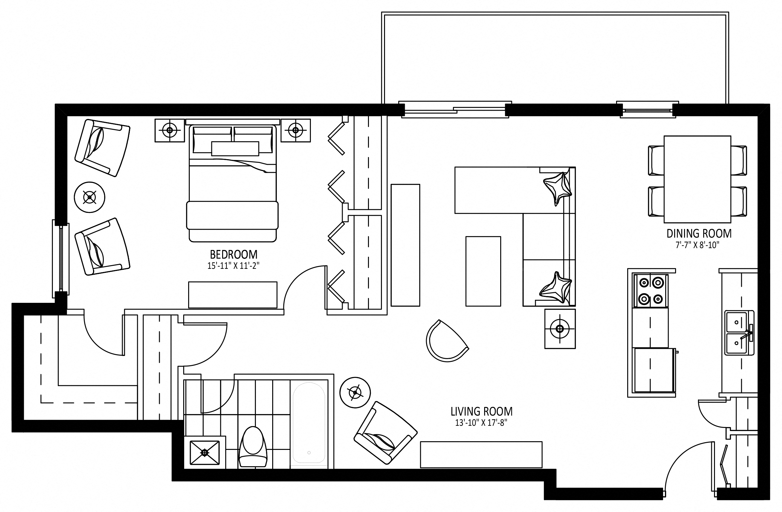 Floor plan for 1 bed, 1 bath